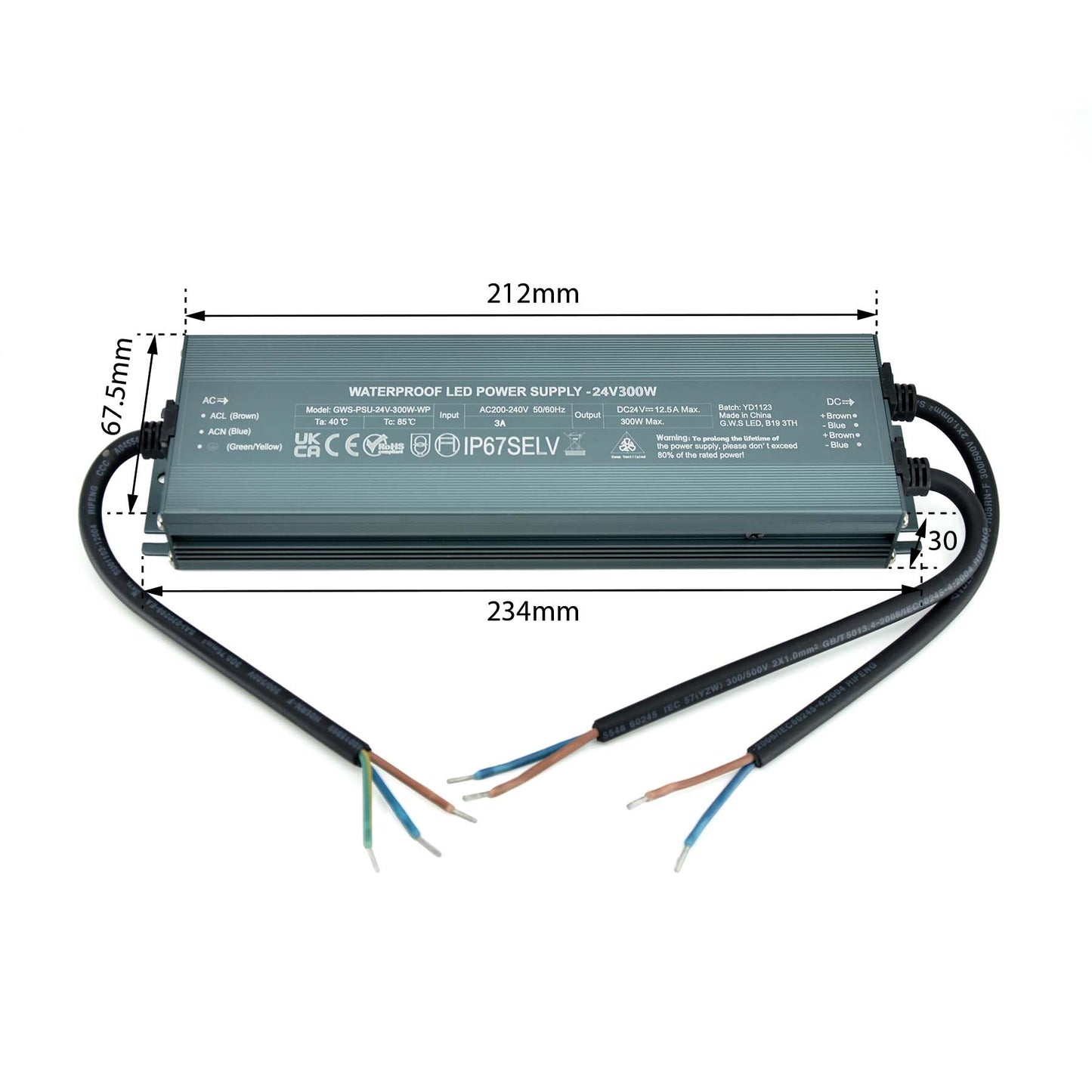 LED Slim Power Supply Transformer DC 24V 300W 12.5A IP67