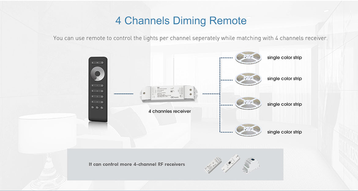 LED 12-24V DC Dimming/CCT/RGB/RGBW Controller VP + 8 Zone Remote Control RS8
