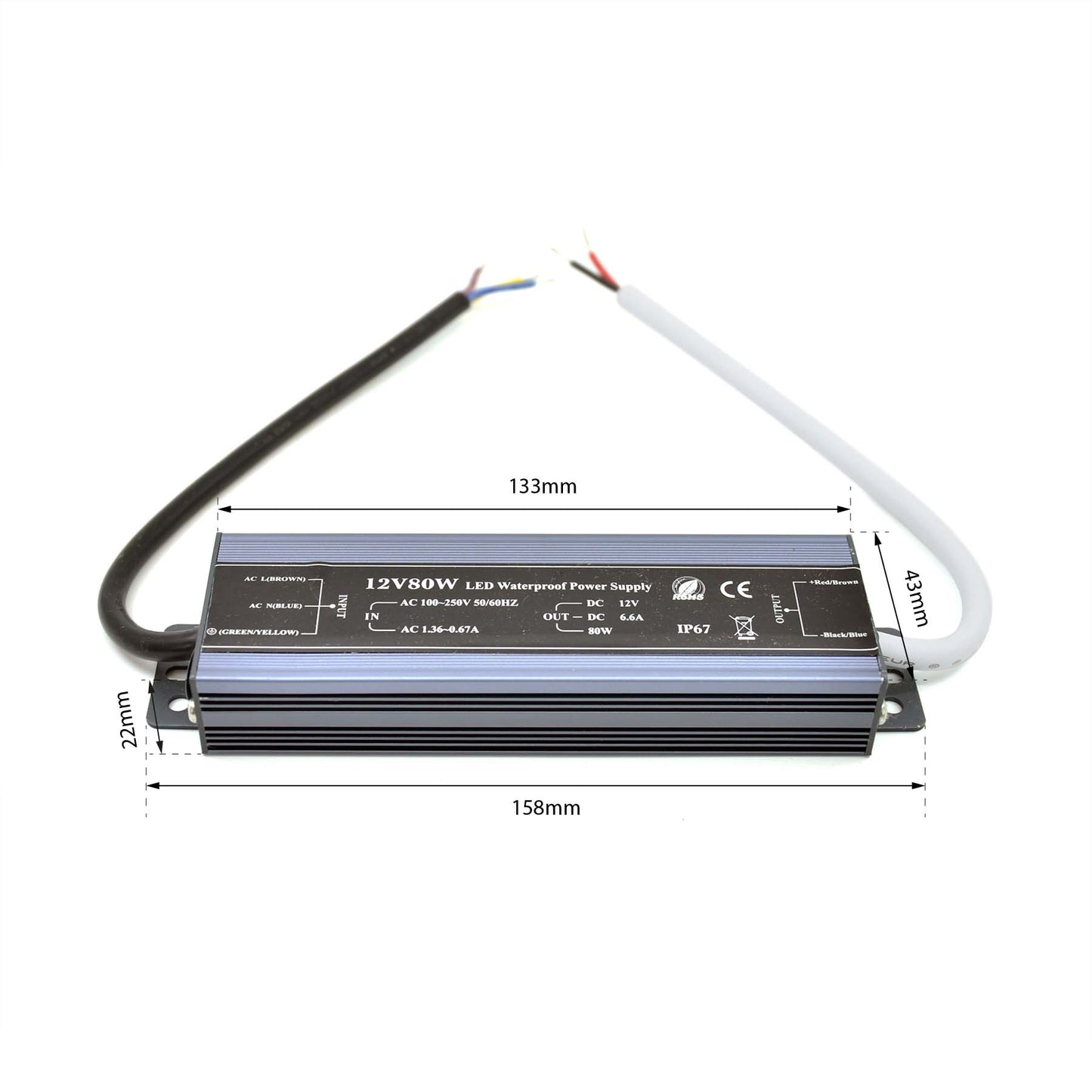 LED Power Supply Transformer DC 12V 80W 6.6A IP67