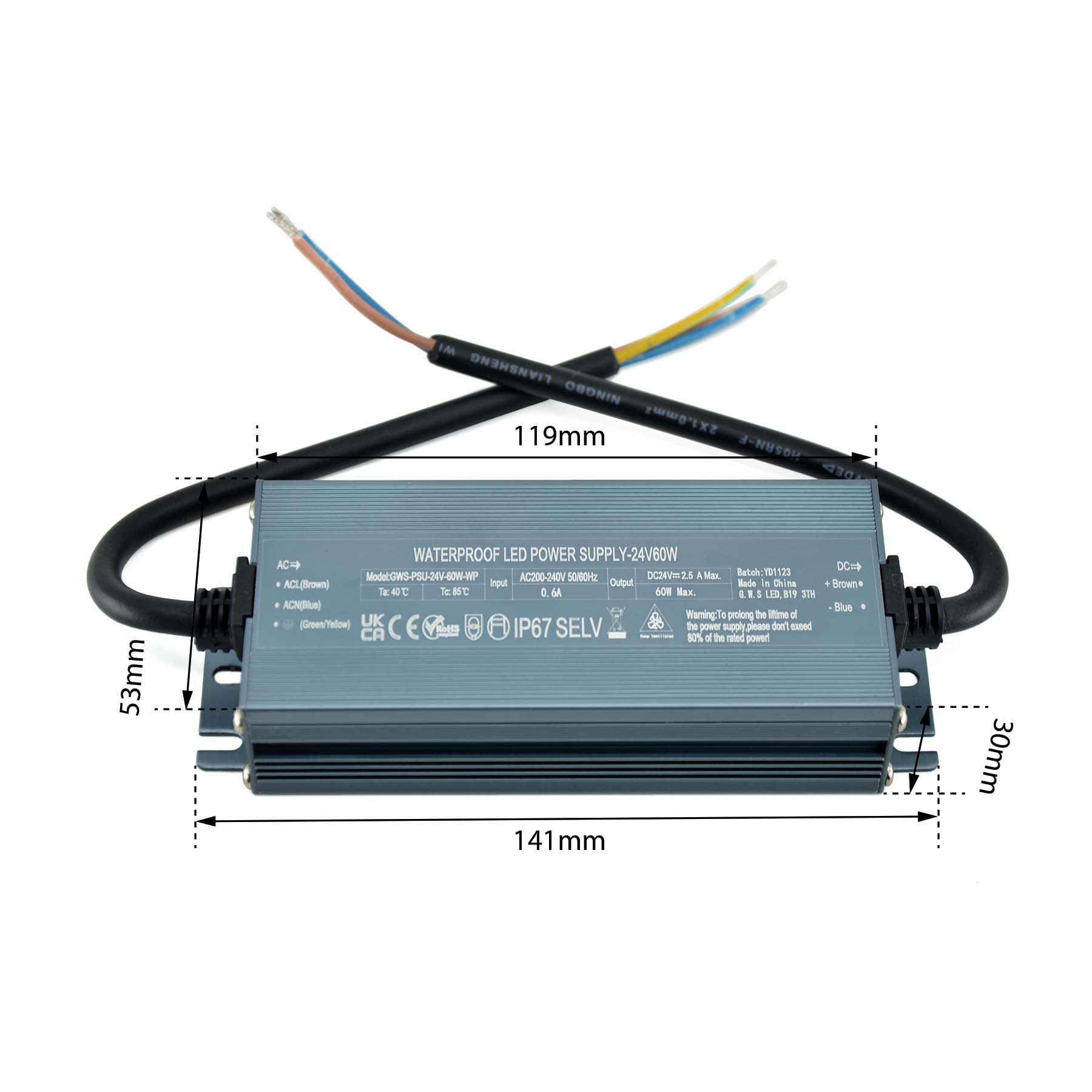  LED Slim Power Supply Transformer DC 24V 60W 2.5A IP67