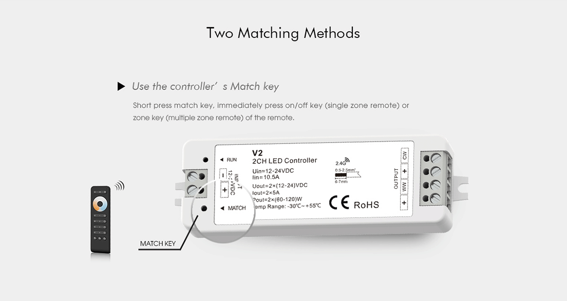 LED 12-24V DC Dimming/CCT Controller 2CH*5A 2.4GHz RF V2