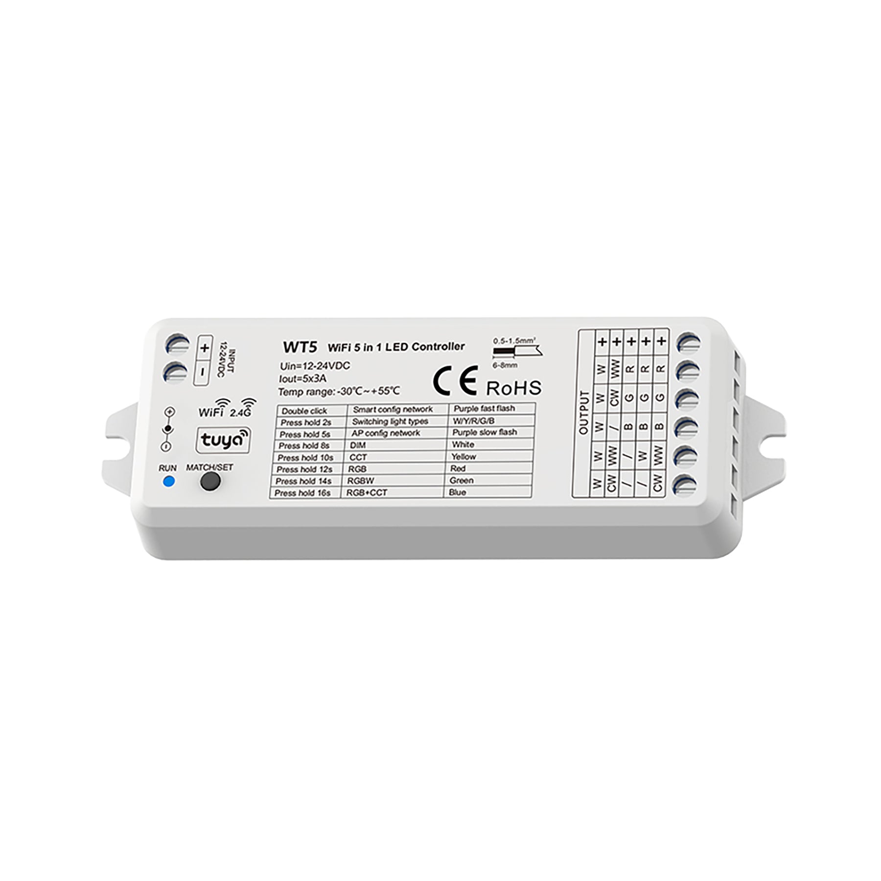  LED 12-24V DC 5 In 1 Wifi Controller Tuya APP 5CH*3A 2.4GHz RF WT5