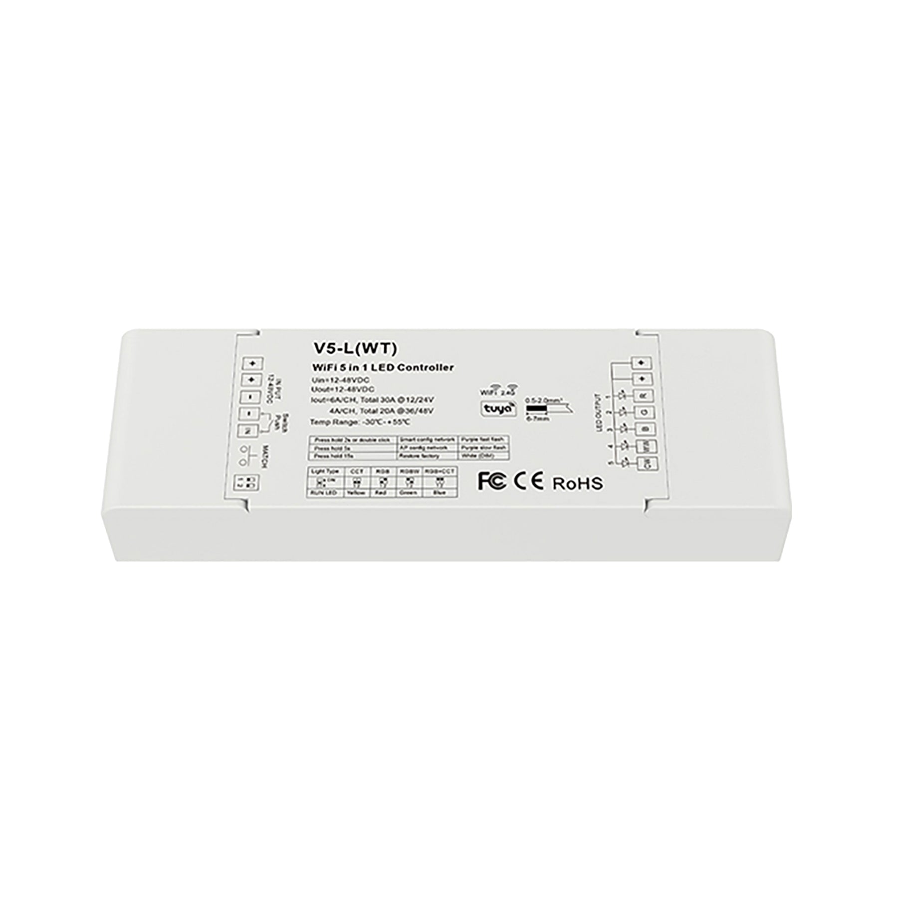  LED 12-48V DC 5 In 1 Wifi Controller Tuya APP 5CH*6A 2.4GHz RF V5-L(WT)