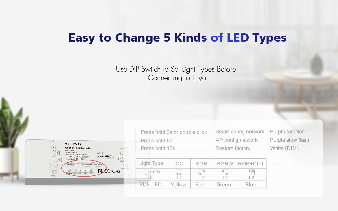  LED 12-48V DC 5 In 1 Wifi Controller Tuya APP 5CH*6A 2.4GHz RF V5-L(WT)
