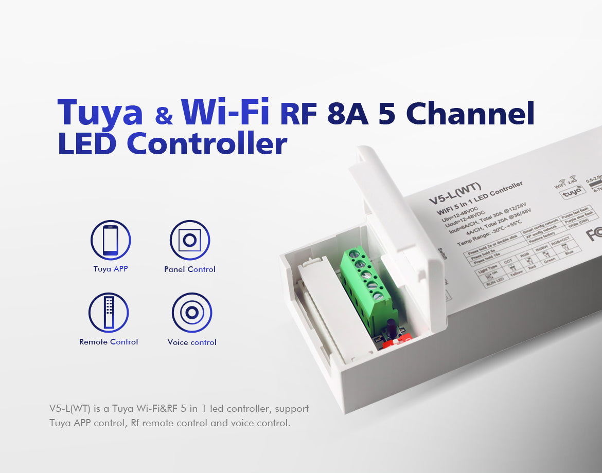  LED 12-48V DC 5 In 1 Wifi Controller Tuya APP 5CH*6A 2.4GHz RF V5-L(WT)