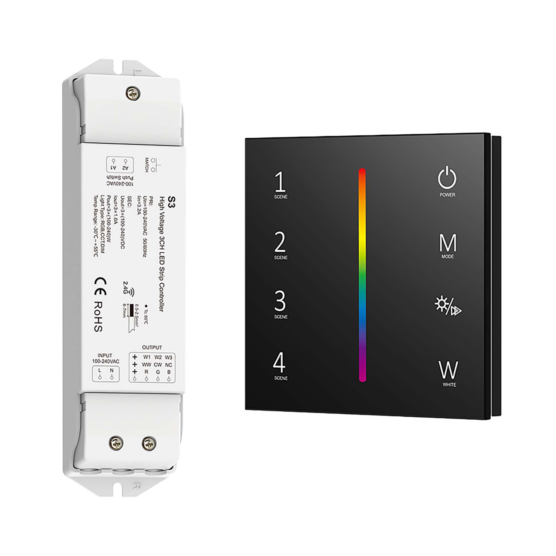  LED 100-240V AC Dimming/CCT/RGB Controller S3 + 4 Zone Panel Remote Control 100-240V AC Input T14-1