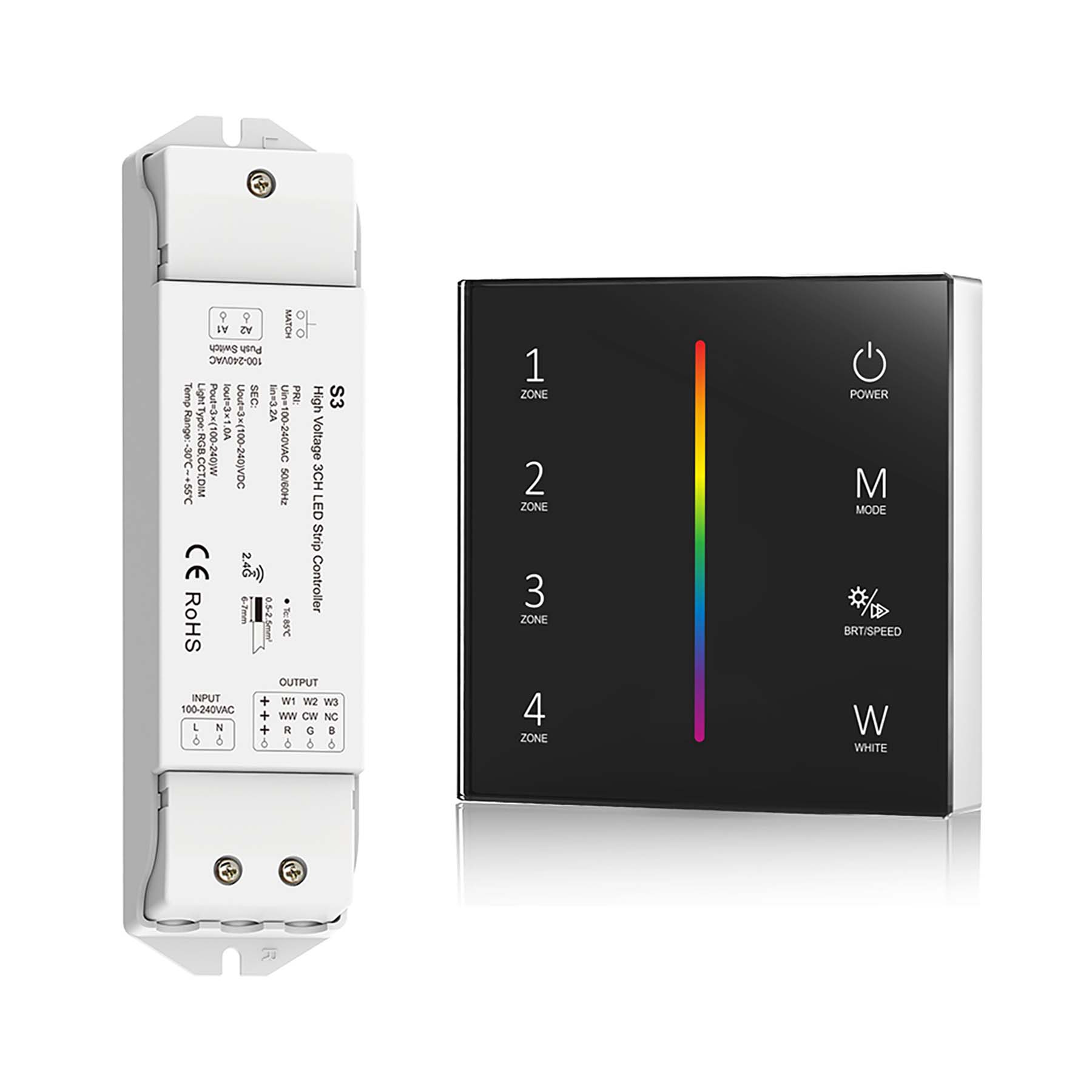  LED 100-240V AC Dimming/CCT/RGB Controller S3 + 4 Zone Panel Remote Control 2*AAA Battery T24