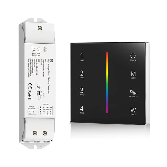  LED 100-240V AC Dimming/CCT/RGB Controller S3 + 4 Zone Panel Remote Control 2*AAA Battery T24
