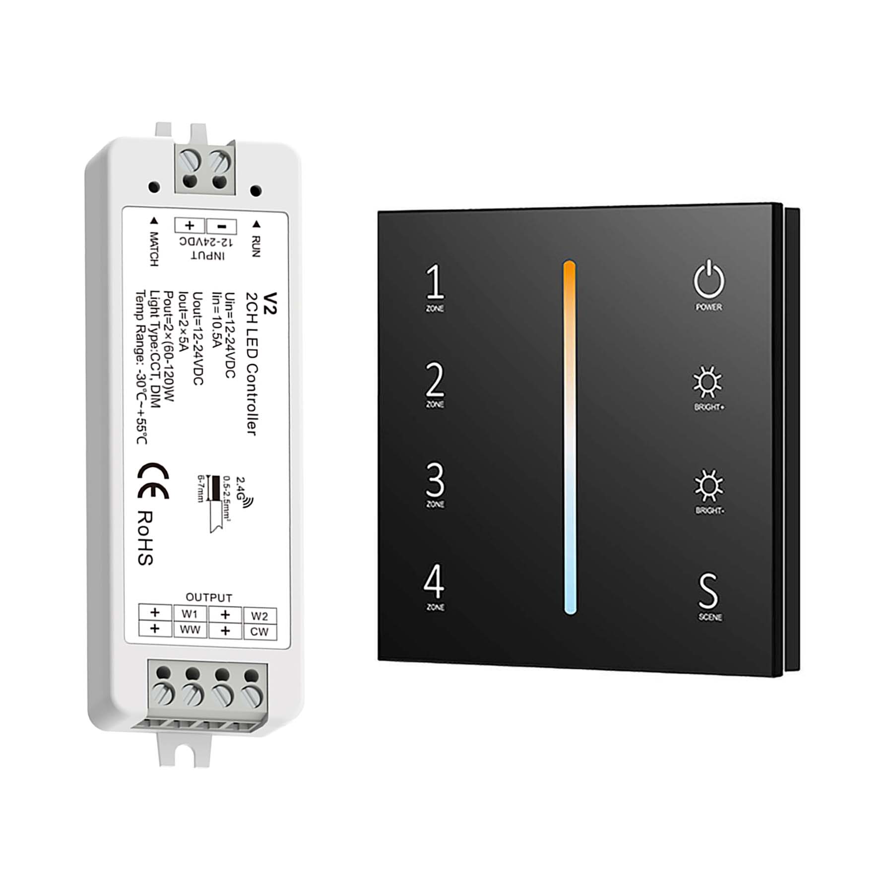  LED 12-24V DC Dimming/CCT Controller V2 + 4 Zone Panel Remote Control 100-240V AC Input T12-1