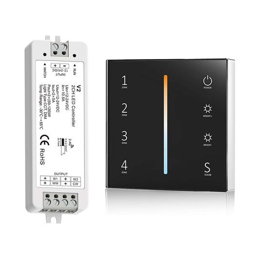  LED 12-24V DC Dimming/CCT Controller V2 + 4 Zone Panel Remote Control 2*AAA Battery T22