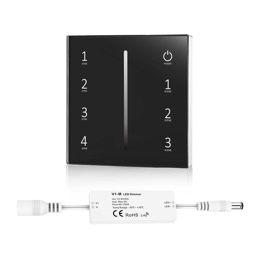  LED 12-24V DC Dimming Controller V1-M(D) + 4 Zone Panel Remote Control 2*AAA Battery T21