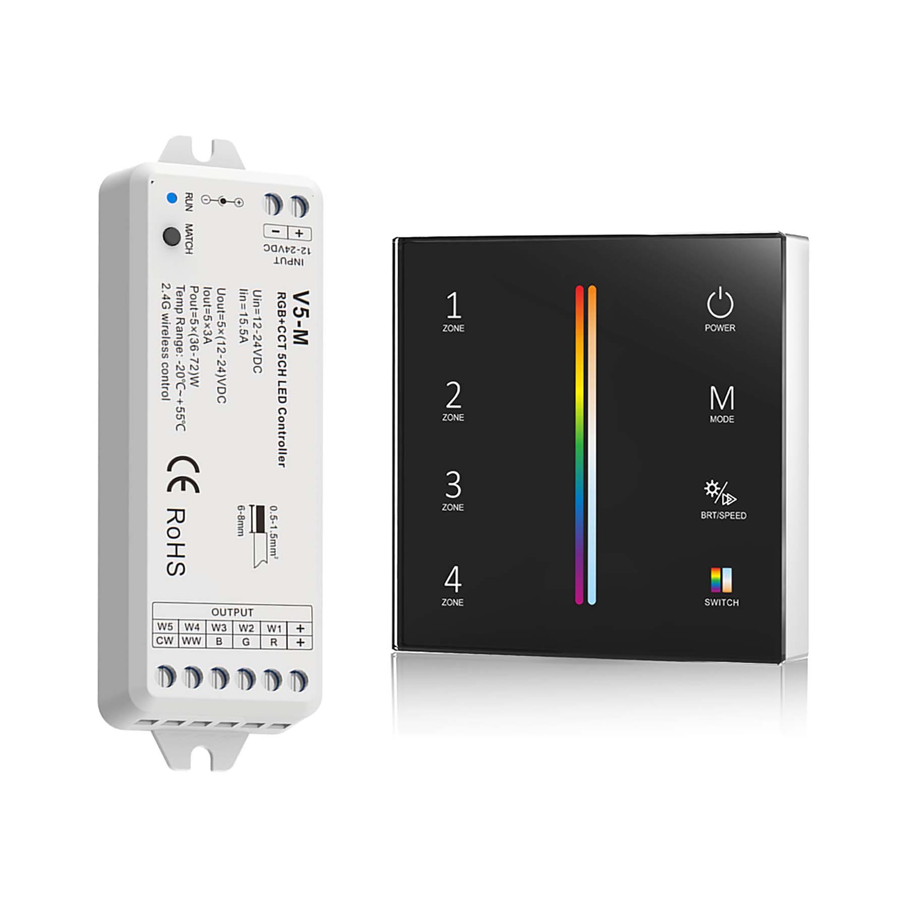  LED 12-24V DC RGB+CCT Controller V5-M + 4 Zone Panel Remote Control 2*AAA Battery T25