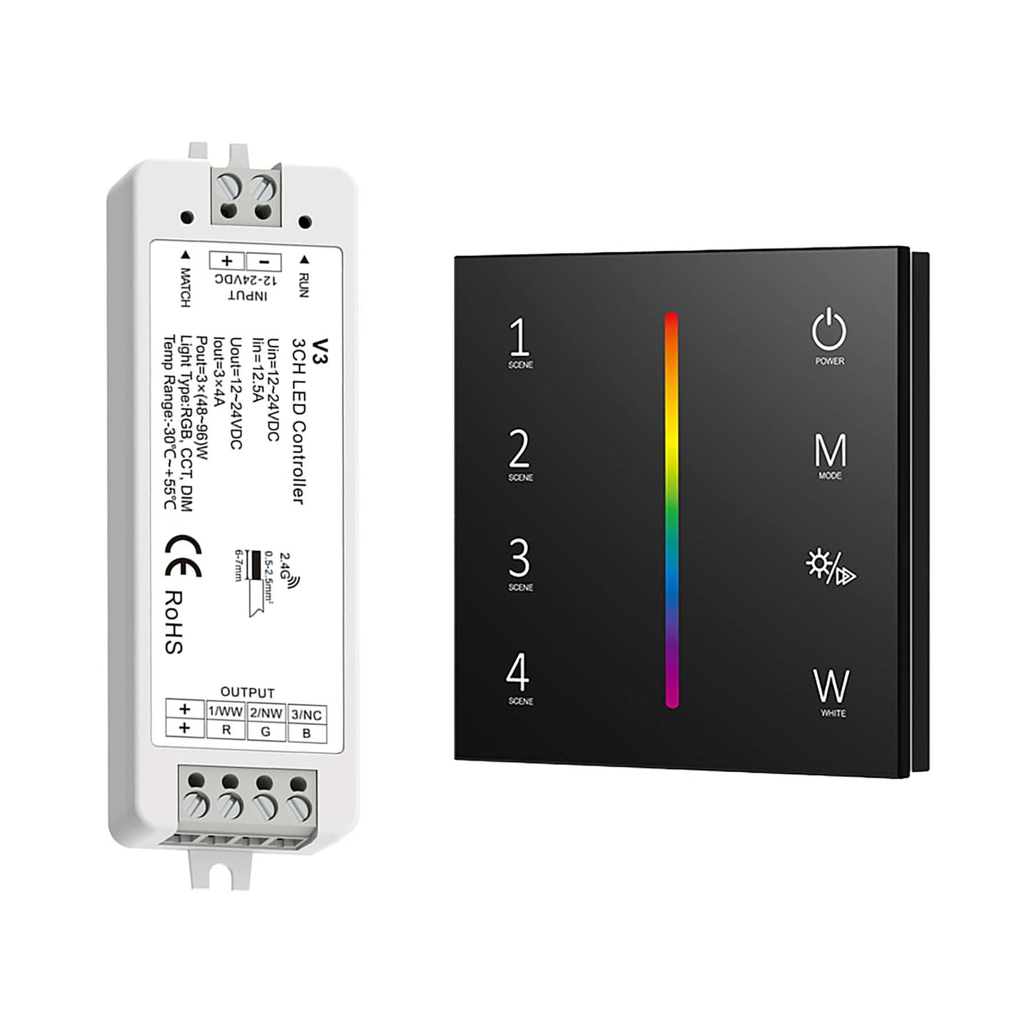  LED 12-24V DC Dimming/CCT/RGB Controller V3 + 4 Zone Panel Remote Control 100-240V AC Input T14-1