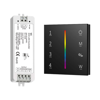 LED 12-24V DC Dimming/CCT/RGB Controller V3 + 4 Zone Panel Remote Control 100-240V AC Input T14-1