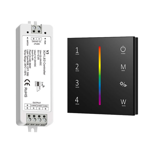  LED 12-24V DC Dimming/CCT/RGB Controller V3 + 4 Zone Panel Remote Control 100-240V AC Input T14-1