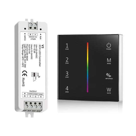  LED 12-24V DC Dimming/CCT/RGB Controller V3 + 4 Zone Panel Remote Control 2*AAA Battery T24