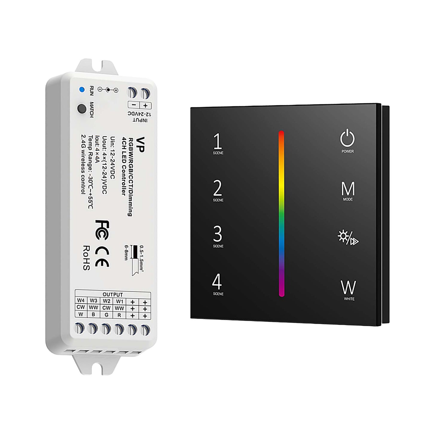  LED 12-24V DC Dimming/CCT/RGB/RGBW Controller VP + 4 Zone Panel Remote Control 100-240V AC Input T14-1