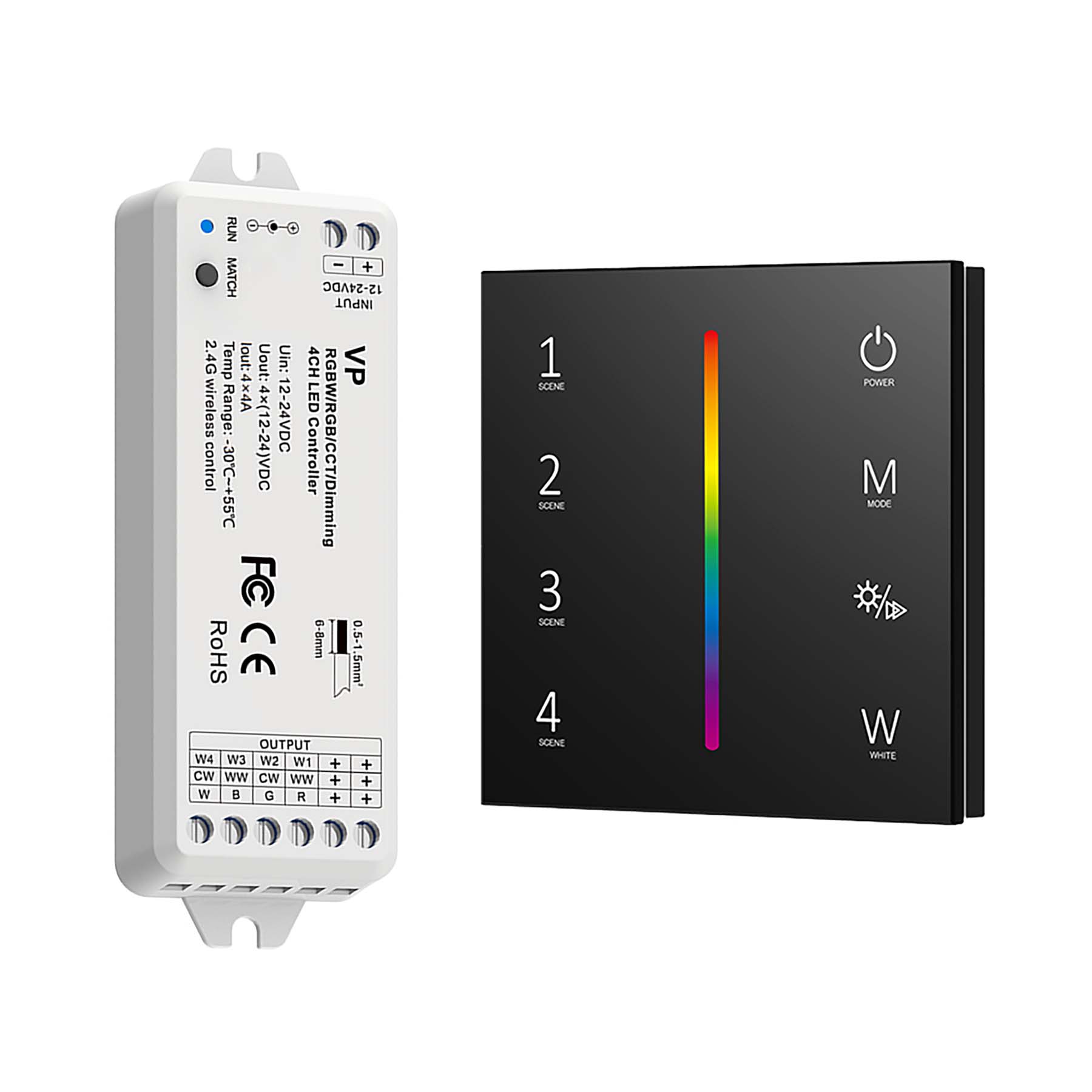  LED 12-24V DC Dimming/CCT/RGB/RGBW Controller VP + 4 Zone Panel Remote Control 100-240V AC Input T14-1