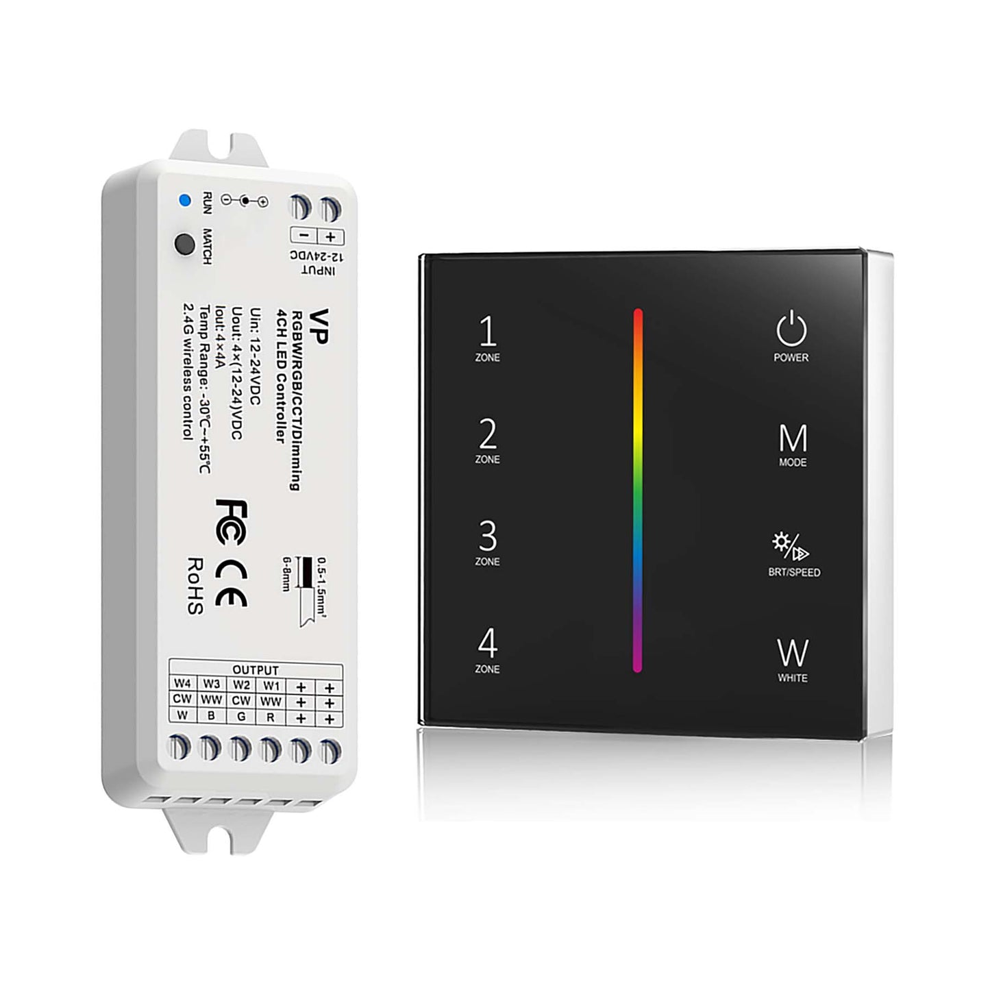  LED 12-24V DC Dimming/CCT/RGB/RGBW Controller VP + 4 Zone Panel Remote Control 2*AAA Battery T24