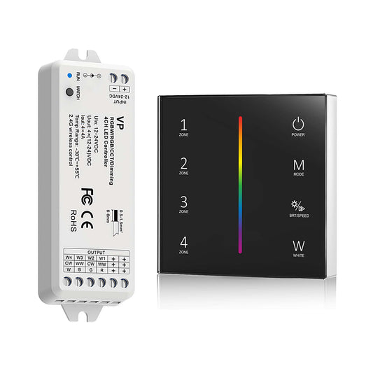  LED 12-24V DC Dimming/CCT/RGB/RGBW Controller VP + 4 Zone Panel Remote Control 2*AAA Battery T24