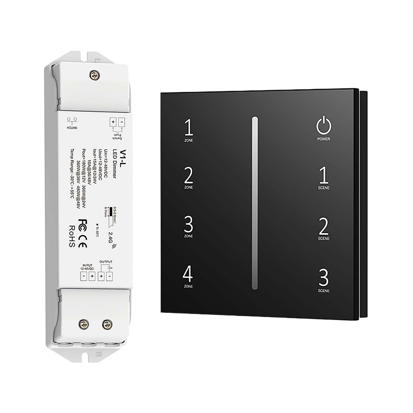  LED 12-48V DC Dimming Controller V1-L + 4 Zone Panel Remote Control 100-240V AC Input T11-1