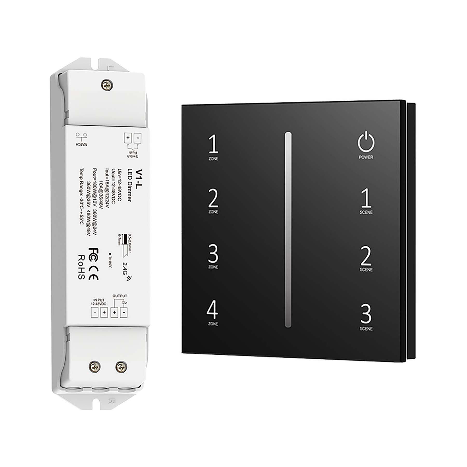  LED 12-48V DC Dimming Controller V1-L + 4 Zone Panel Remote Control 100-240V AC Input T11-1