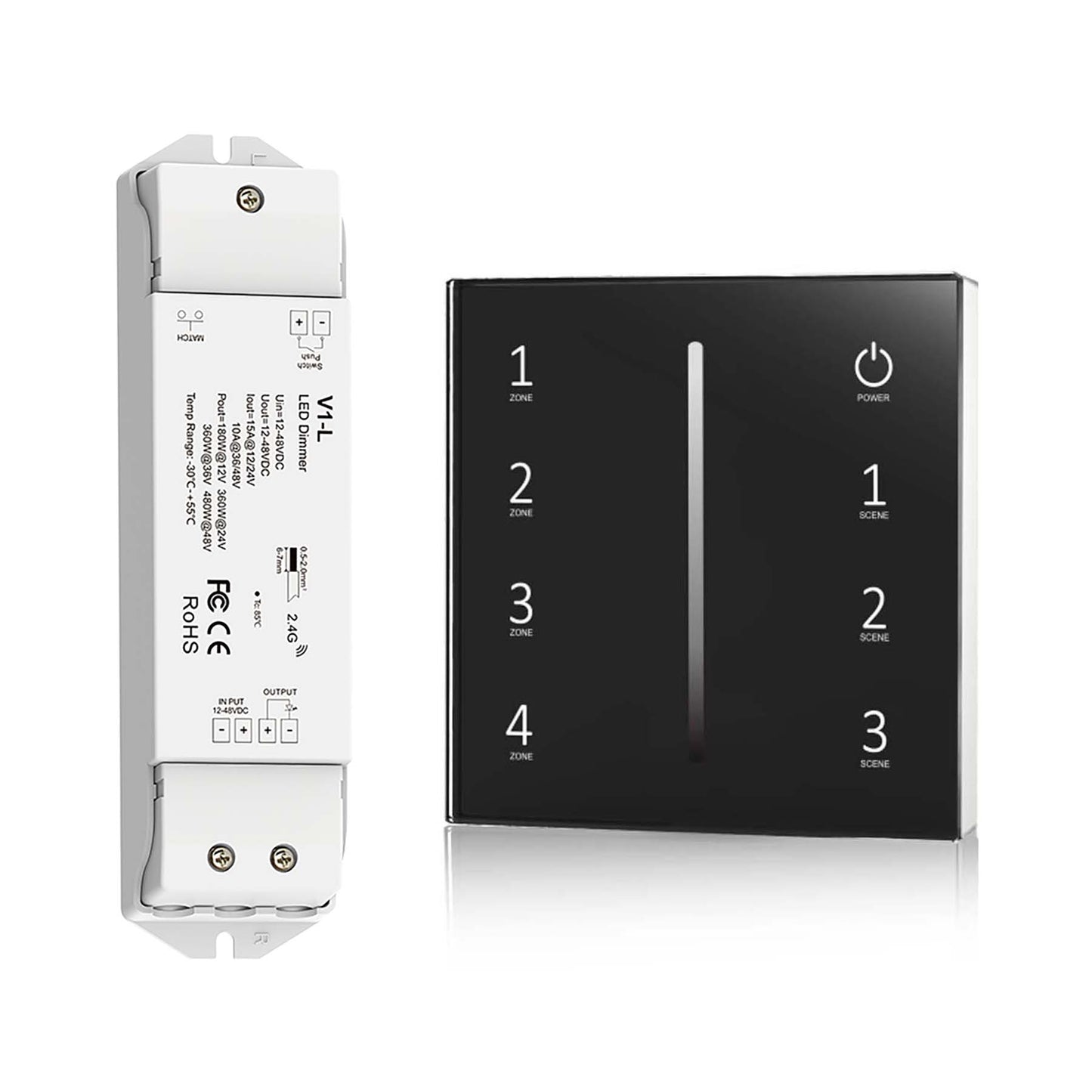  LED 12-48V DC Dimming Controller V1-L + 4 Zone Panel Remote Control 2*AAA Battery T21