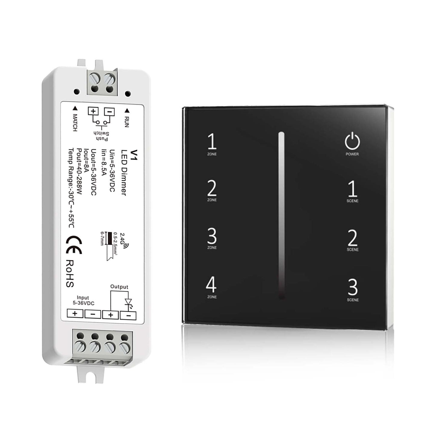  LED 5-36V DC Dimming Controller V1 + 4 Zone Panel Remote Control 2*AAA Battery T21