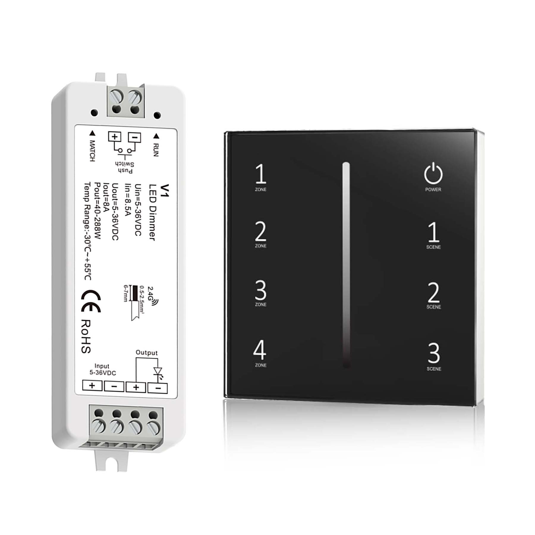  LED 5-36V DC Dimming Controller V1 + 4 Zone Panel Remote Control 2*AAA Battery T21