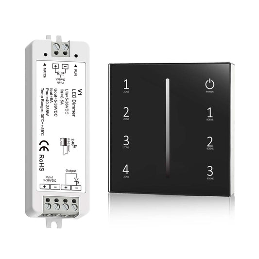  LED 5-36V DC Dimming Controller V1 + 4 Zone Panel Remote Control 2*AAA Battery T21