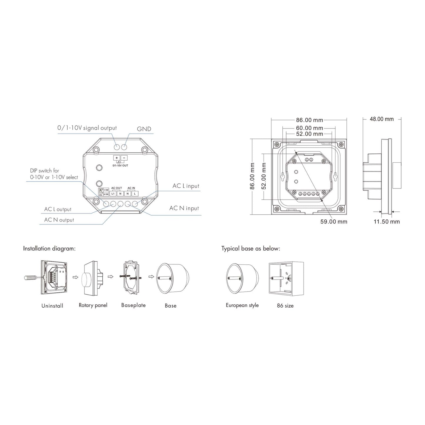  LED 0/1-10V Dimmer Switch Wall Rotary Panel 2.4GHz RF AC100-240V T18-2