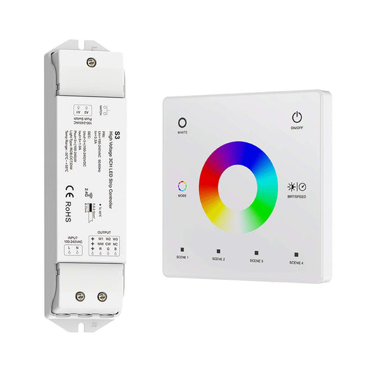  LED 100-240V AC Dimming/CCT/RGB Controller S3 + 1 Zone Panel Remote Control 1*CR2032 Battery TW4