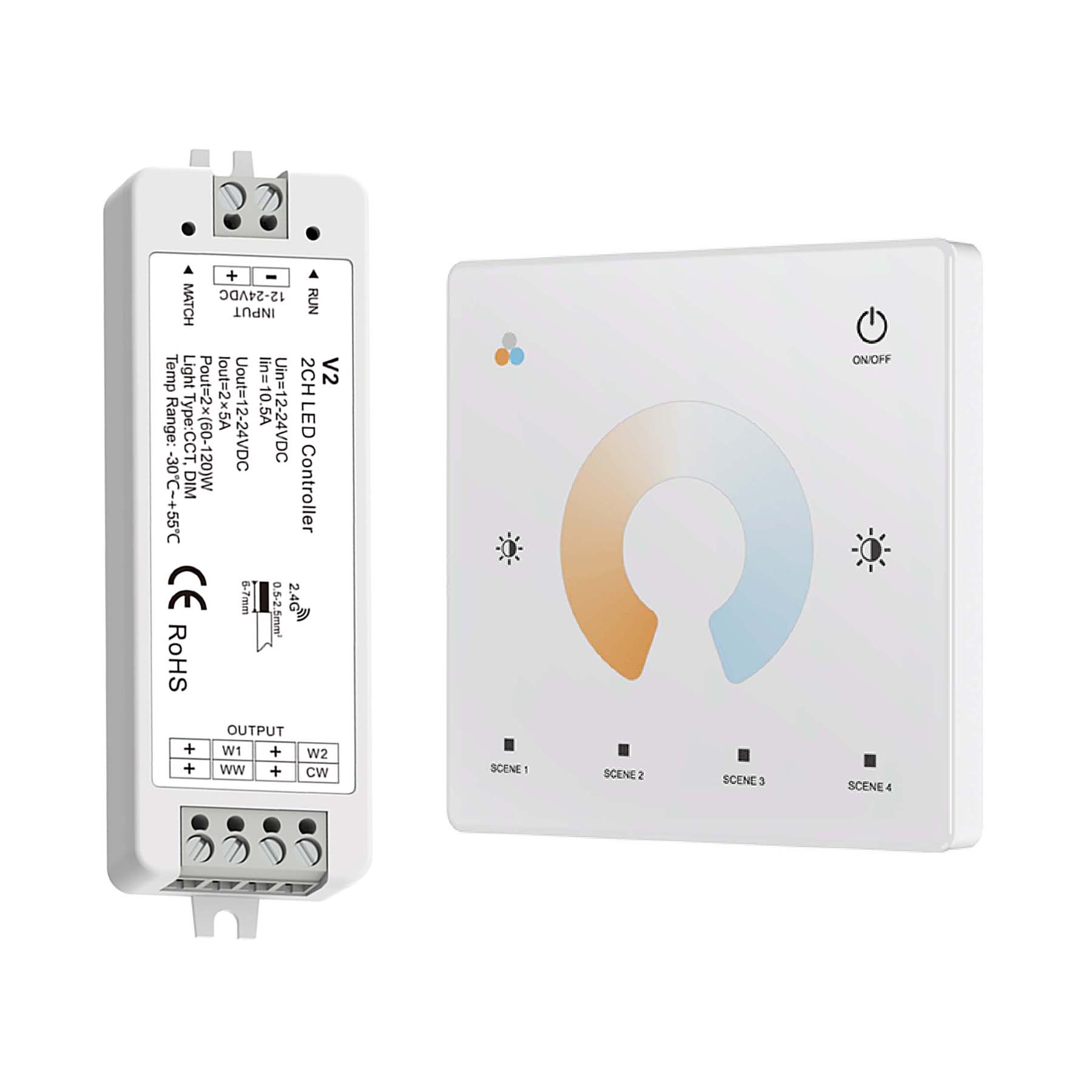  LED 12-24V DC Dimming/CCT Controller V2 + 1 Zone Panel Remote Control 1*CR2032 Battery TW2