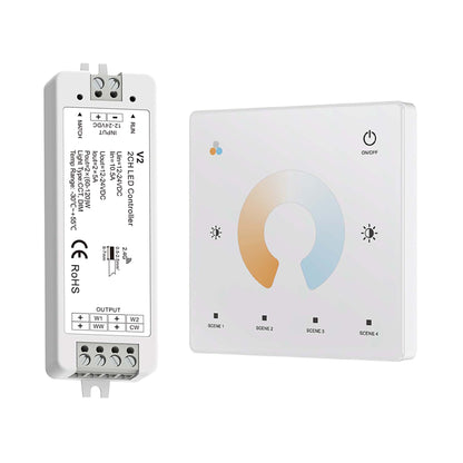  LED 12-24V DC Dimming/CCT Controller V2 + 1 Zone Panel Remote Control 1*CR2032 Battery TW2