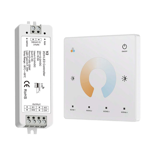  LED 12-24V DC Dimming/CCT Controller V2 + 1 Zone Panel Remote Control 1*CR2032 Battery TW2