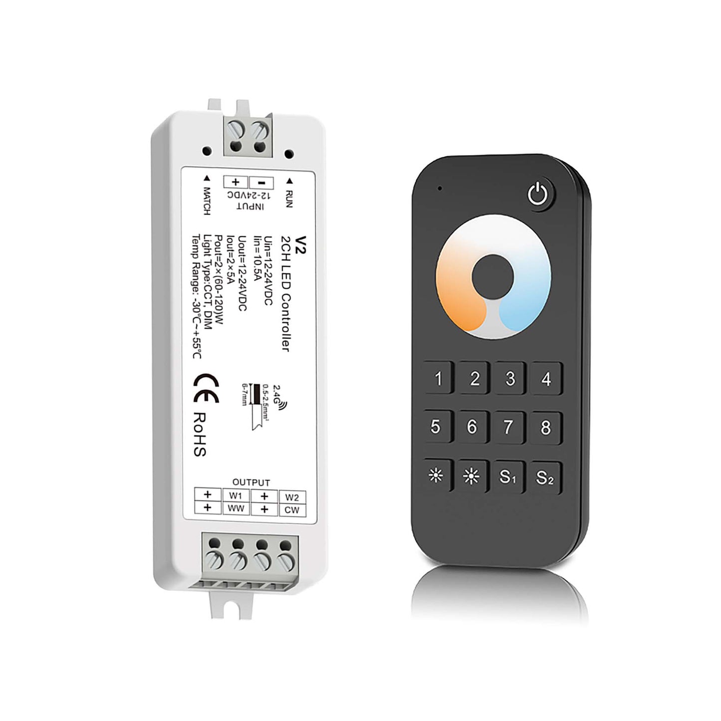  LED 12-24V DC Dimming/CCT Controller V2 + 8 Zone Remote Control RT8C