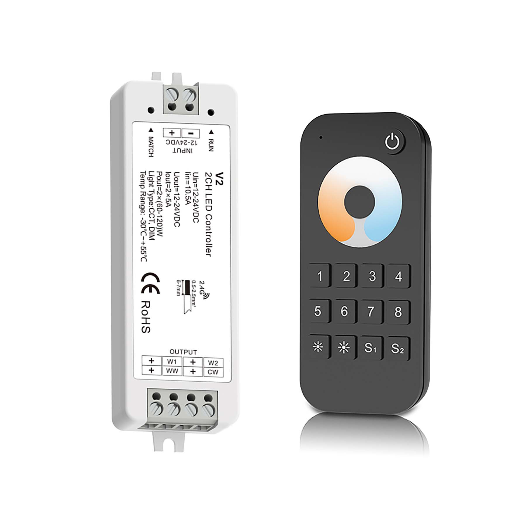  LED 12-24V DC Dimming/CCT Controller V2 + 8 Zone Remote Control RT8C