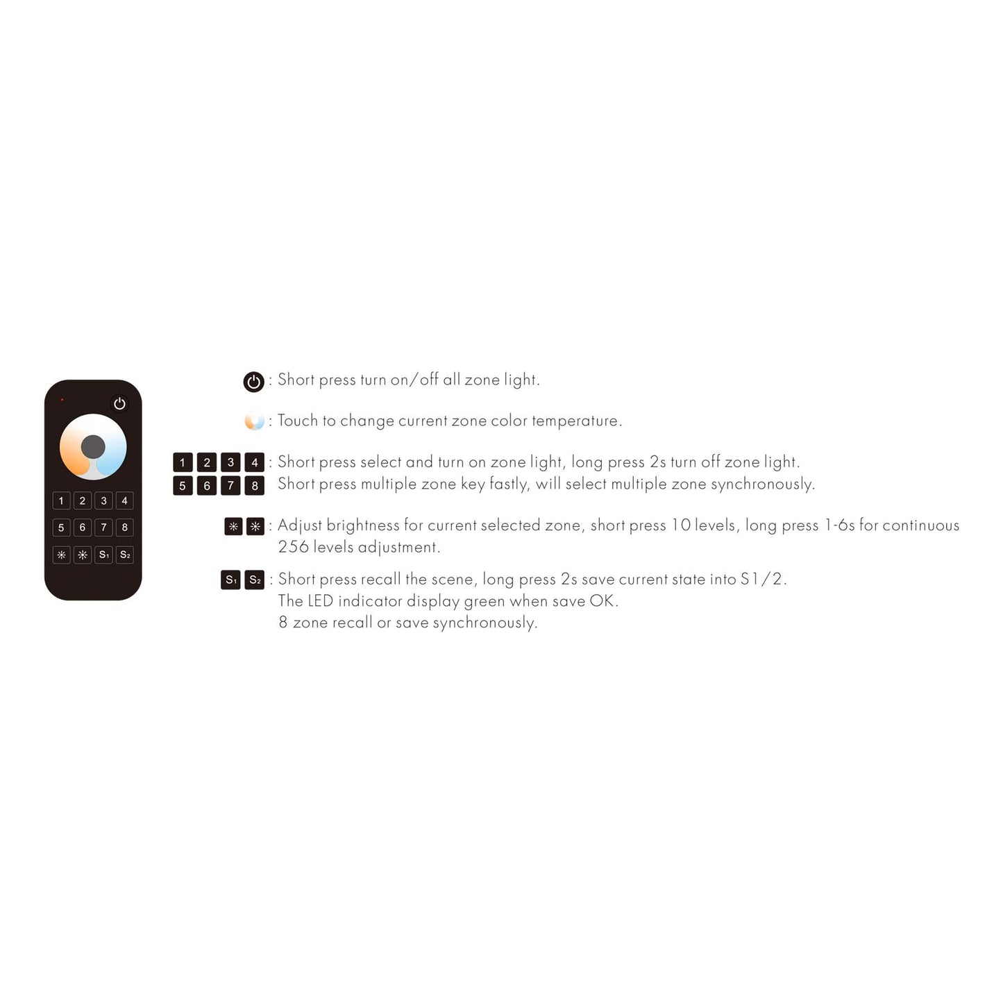  LED 12-24V DC Dimming/CCT Controller V2 + 8 Zone Remote Control RT8C