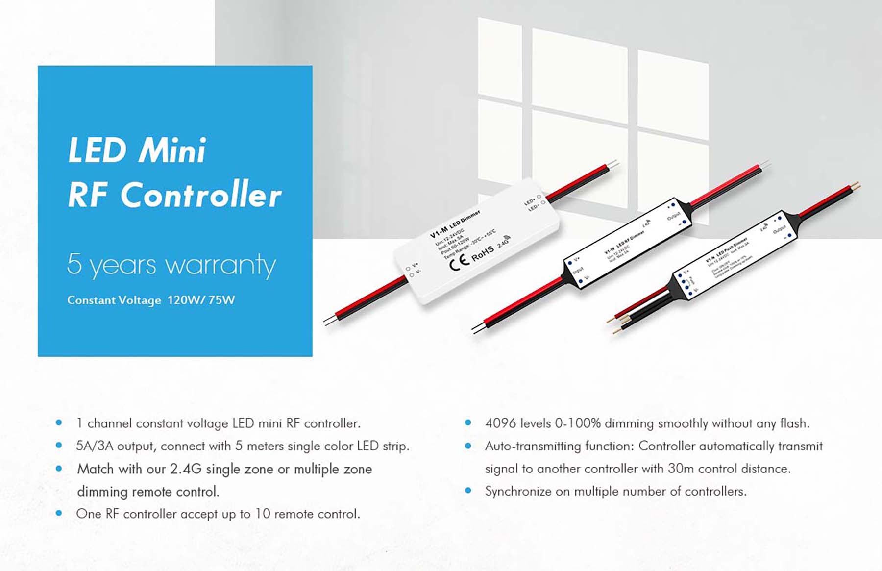  LED 12-24V DC Dimming Controller 1CH*5A 2.4GHz RF V1-M