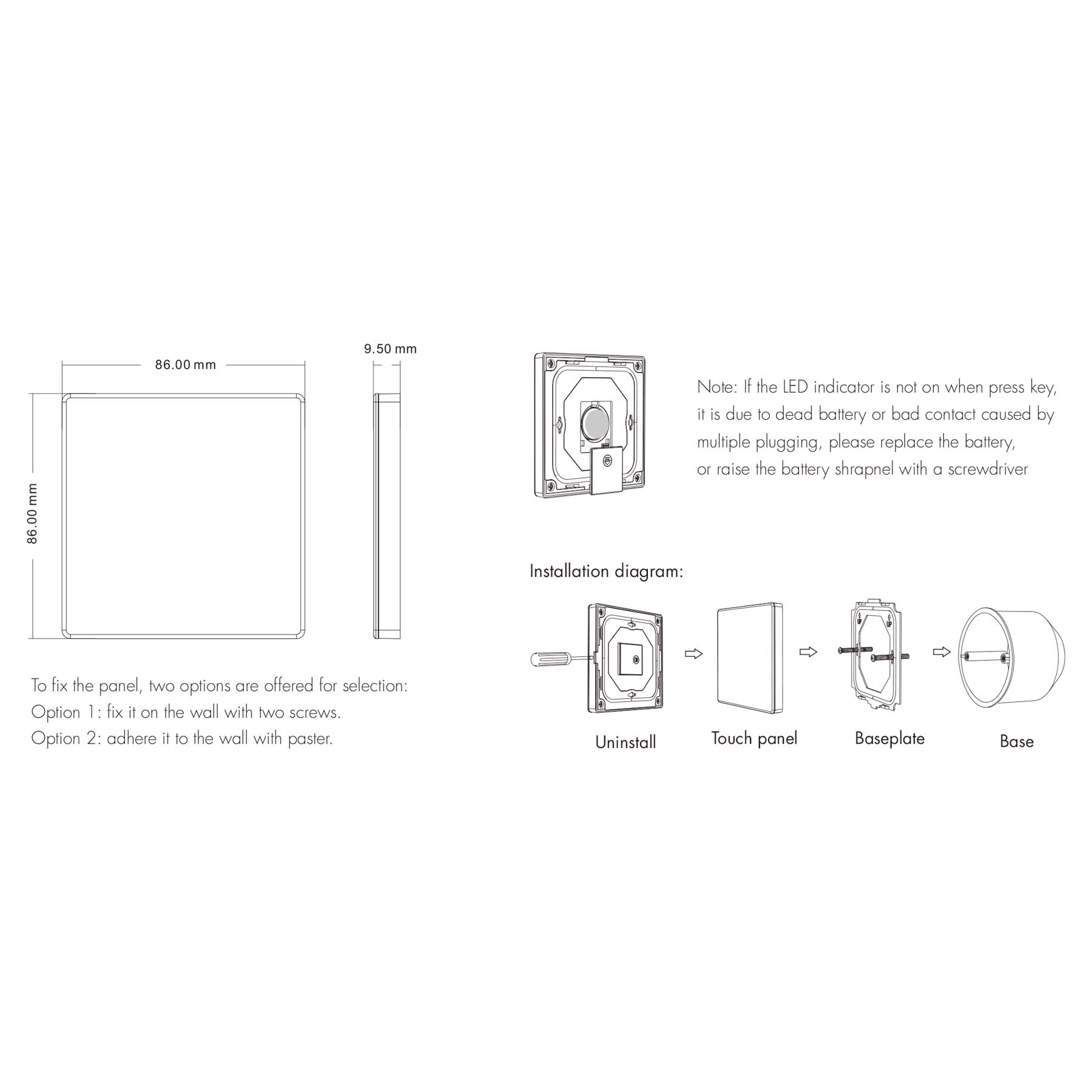  LED 12-24V DC Dimming Controller V1-M(D) + 1 Zone Panel Remote Control 1*CR2032 Battery TW1