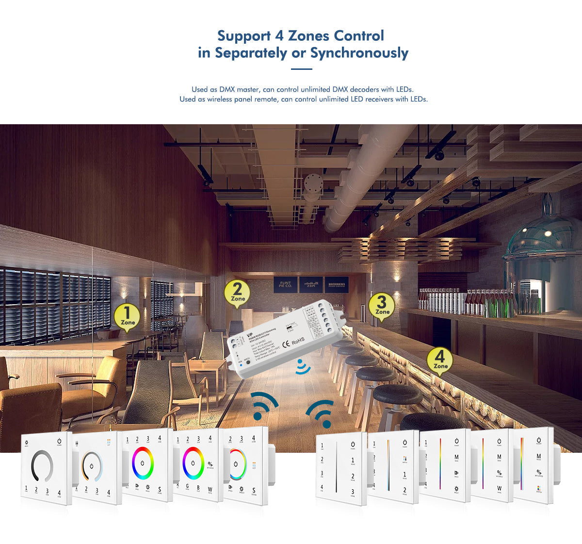  LED 12-24V DC Dimming Controller V1-M(D) + 4 Zone Panel Remote Control 100-240V AC Input T11-1