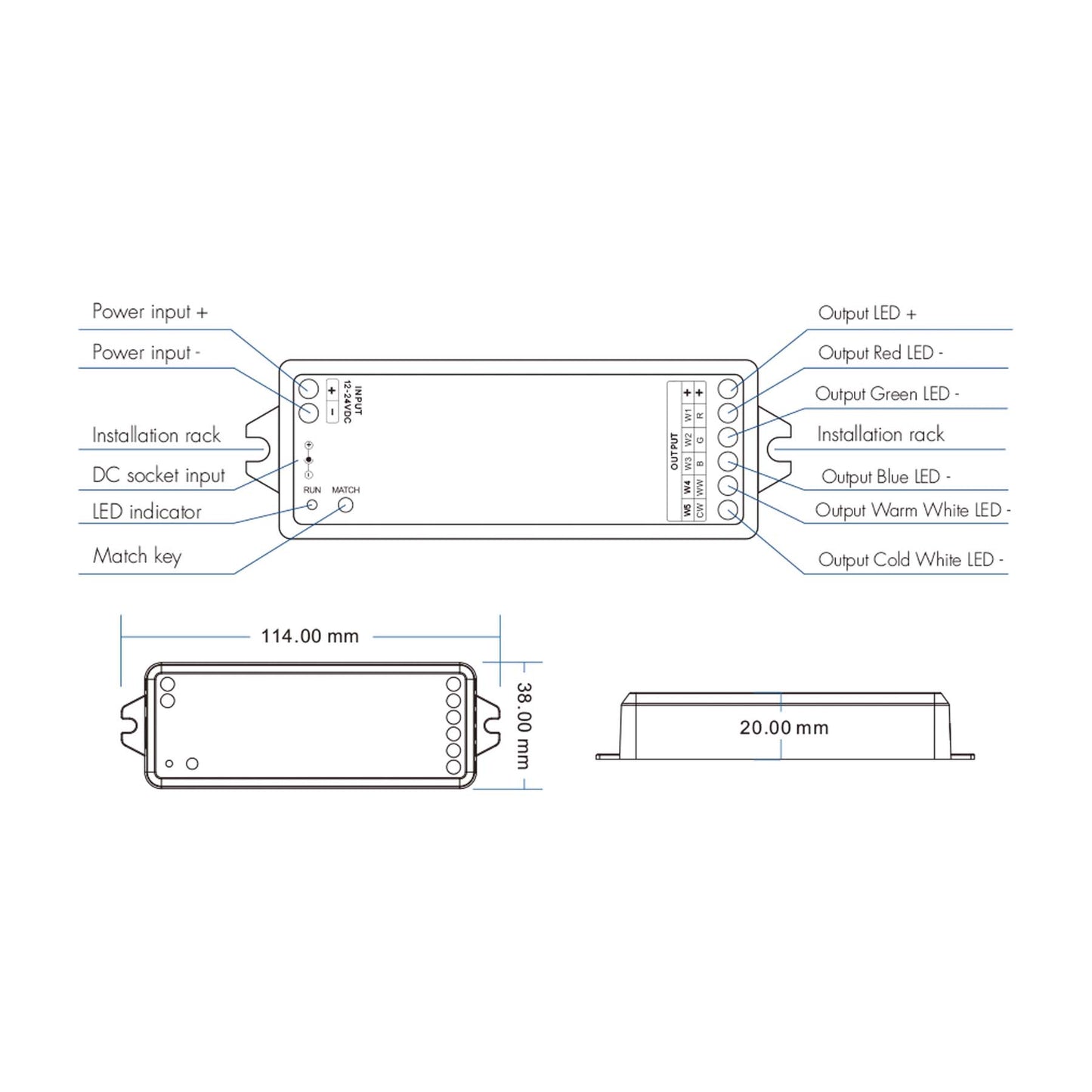  LED 12-24V DC RGB+CCT Controller V5-M + 1 Zone Panel Remote Control 1*CR2032 Battery TW5