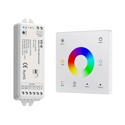  LED 12-24V DC RGB+CCT Controller V5-M + 1 Zone Panel Remote Control 1*CR2032 Battery TW5