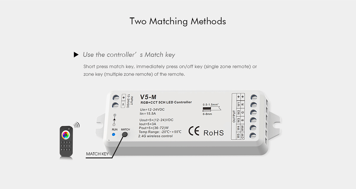  LED 12-24V DC RGB+CCT Controller V5-M + 1 Zone Remote Control RT5