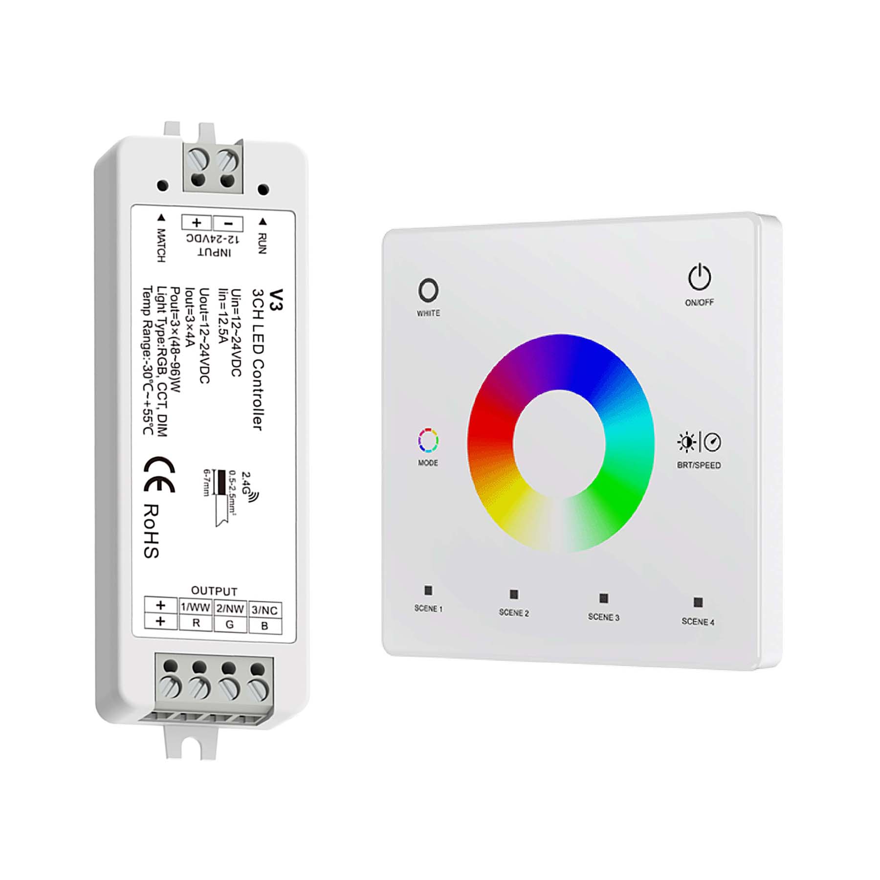  LED 12-24V DC Dimming/CCT/RGB Controller V3 + 1 Zone Panel Remote Control 1*CR2032 Battery TW4