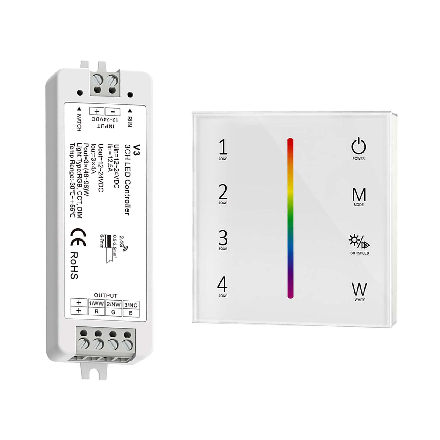 LED 12-24V DC Dimming/CCT/RGB Controller V3 + 4 Zone Panel Remote Control 100-240V AC Input T14-1