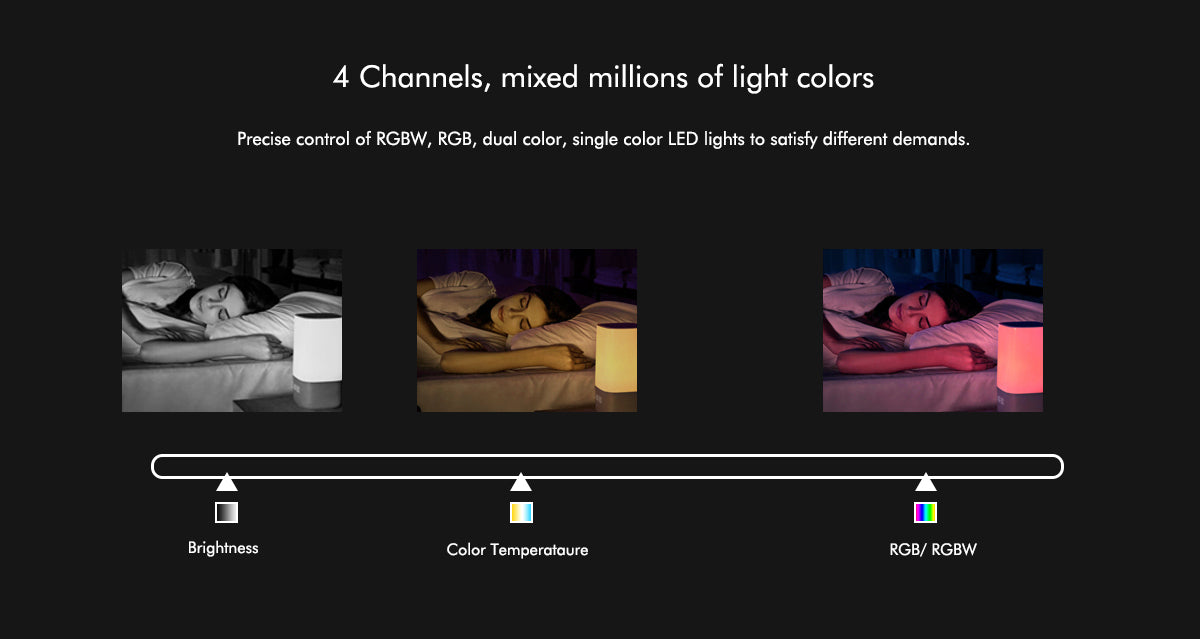  LED 12-24V DC Dimming/CCT/RGB/RGBW Controller VP + 4 Zone Panel Remote Control 100-240V AC Input T14-1