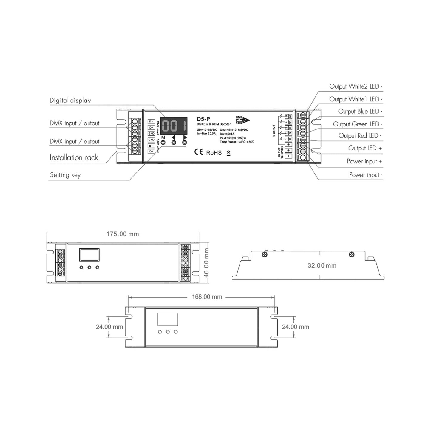  LED 12-48V DC DMX512 & RDM Decoder 5CH*4A D5-P