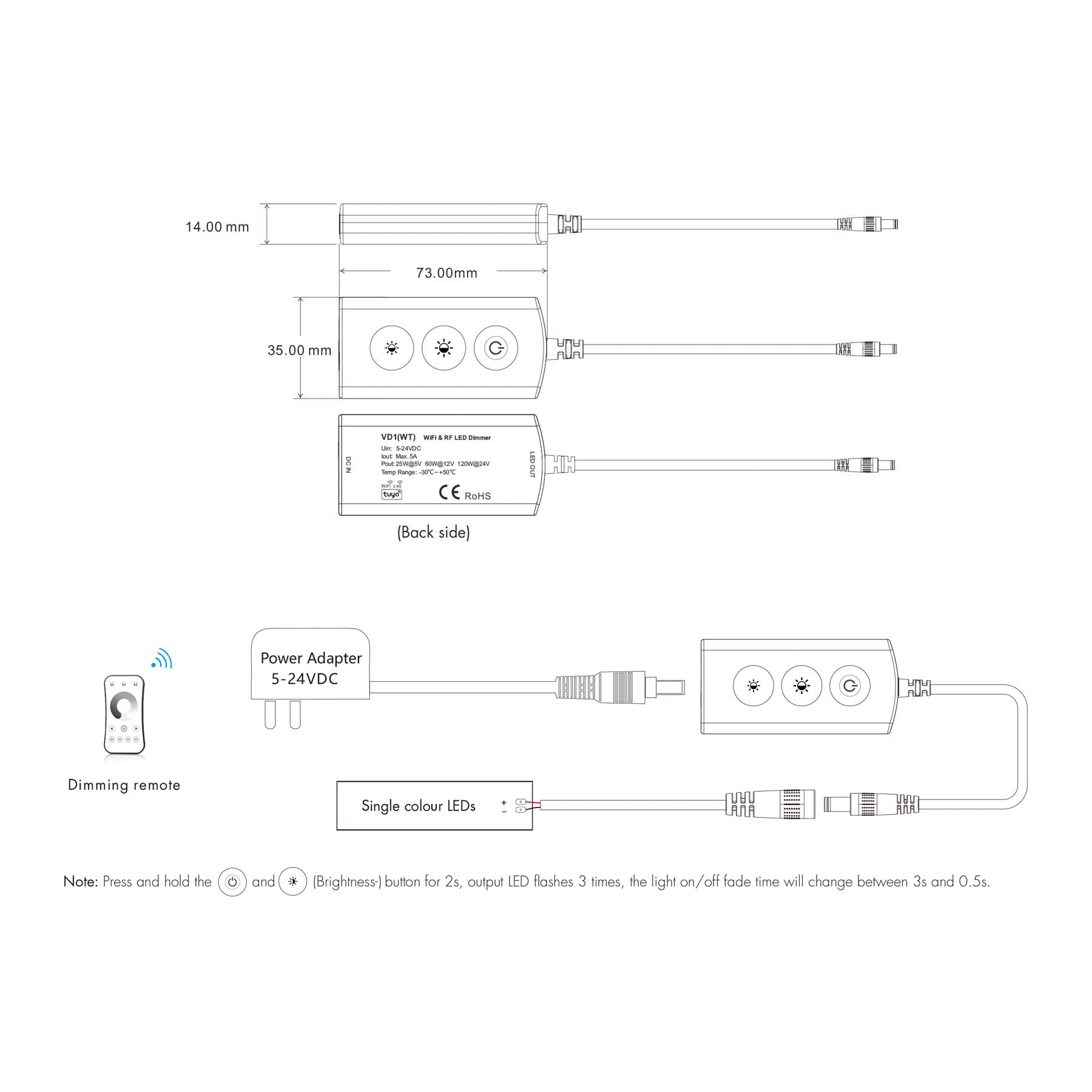 LED 5-24V DC Dimming Wifi Controller Tuya APP 1CH*5A 2.4GHz RF VD1(WT)