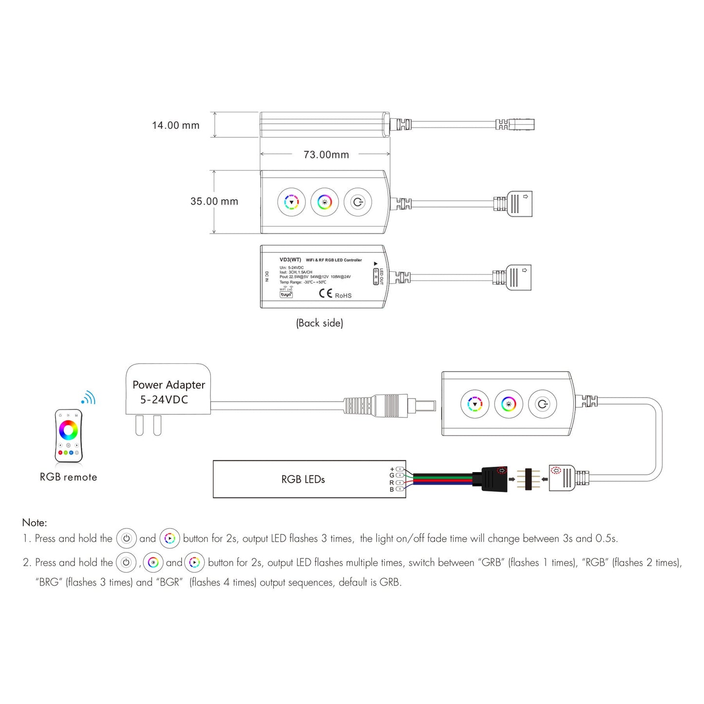  LED 5-24V DC RGB Wifi Controller Tuya APP 3CH*1.5A 2.4GHz RF VD3(WT)